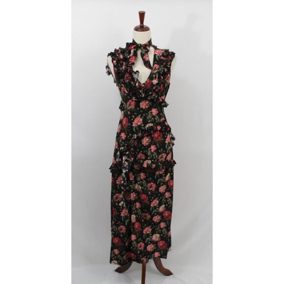R13 LIBERTY OF LONDON Sz XS Black Pink Rose Floral Silk Dress Ruffle Slit - Picture 10 of 13
